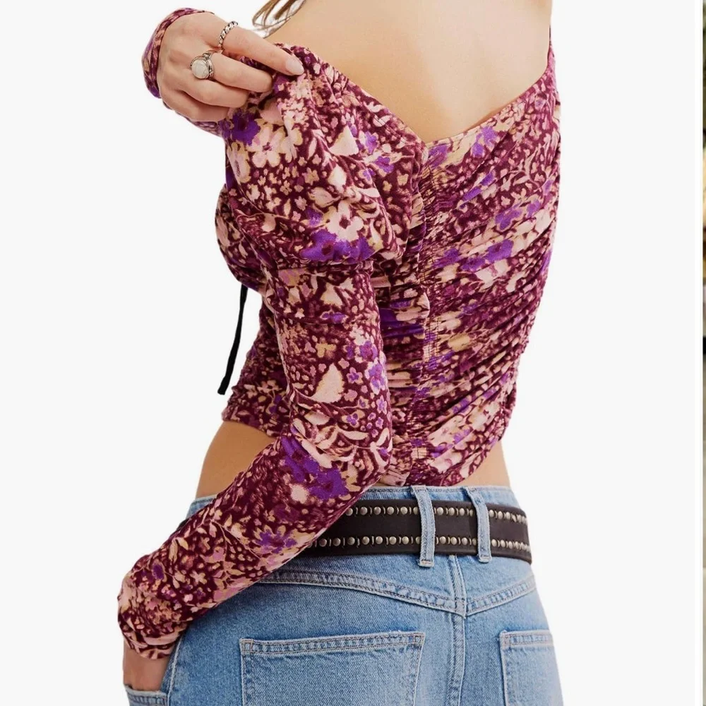 FREE PEOPLE LAYER IT ON ME LACE TRIM RUCHED TOP MEDIUM BLACK FUSCIA FLORAL